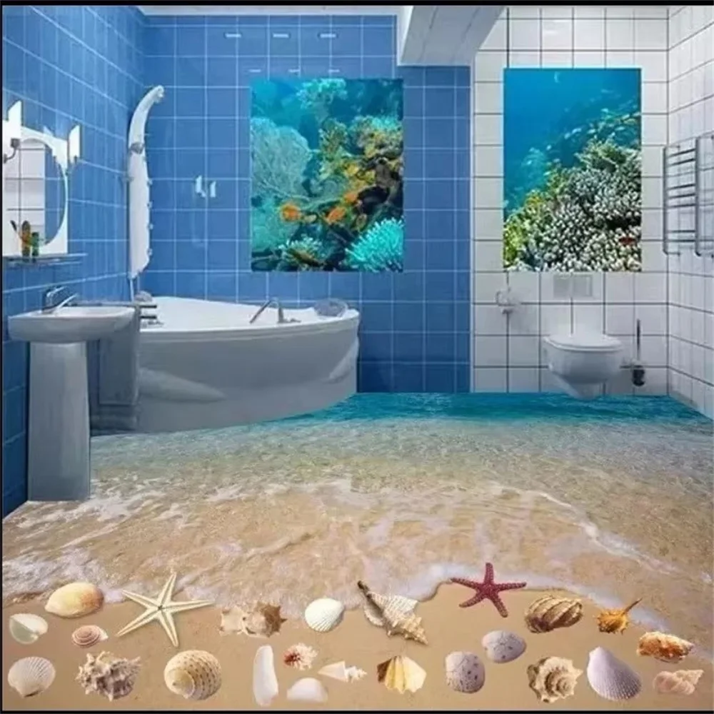 Custom photo floor 3D PVC wallpaper wear non-slip waterproof wallpaper mural thickening Shell Beach fresh underwater world floor