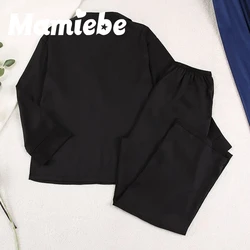 New Women Silk Pajamas Imitation Ice Silk Black Comfortable Light Luxury Color Long Sleeve WIde Pants Sleepwear Set