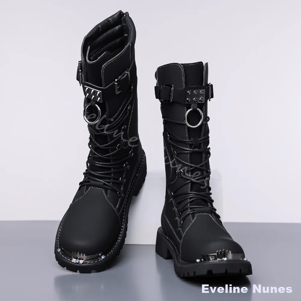 Men Black Brown Color Block Biker Boots Metal Toe Cap Rivet Buckle Strap Mid Calf Punk Combat Boots Thick Gothic Motorcycle Boot - view 4
