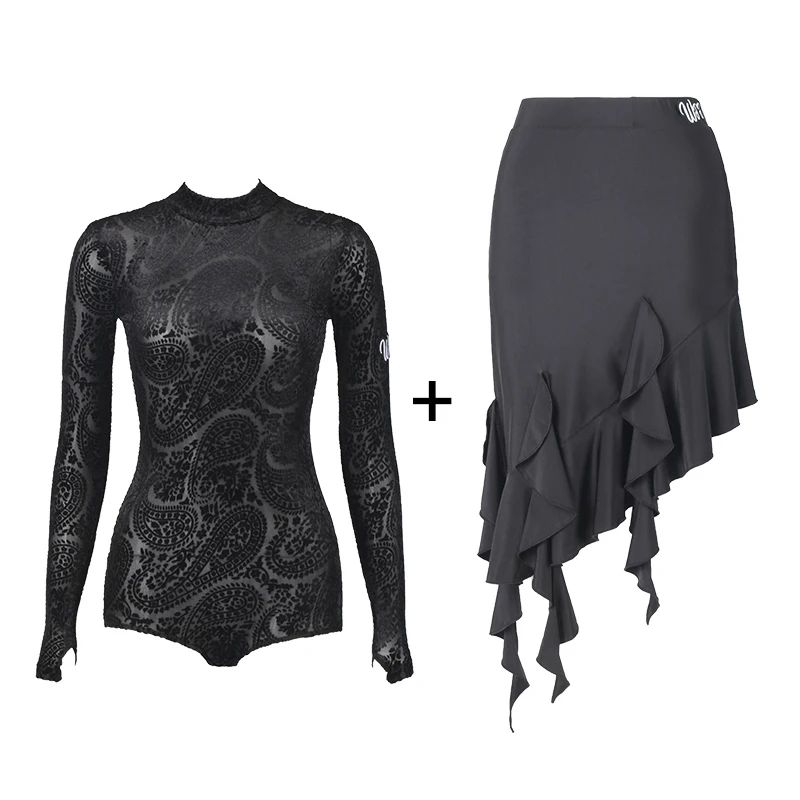 تنورة رقص اللاتينية النساء ممارسة الملابس غير النظامية تكدرت هامش تنورة سوداء رومبا سامبا السالسا التانغو ملابس الرقص DNV18563