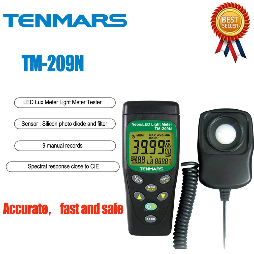 TENMARS TM-209N LUX/FC LED Light Meter,Cosine Angular Corrected,Measuring Intensities of Illumination in Lux or Foot-Candle.