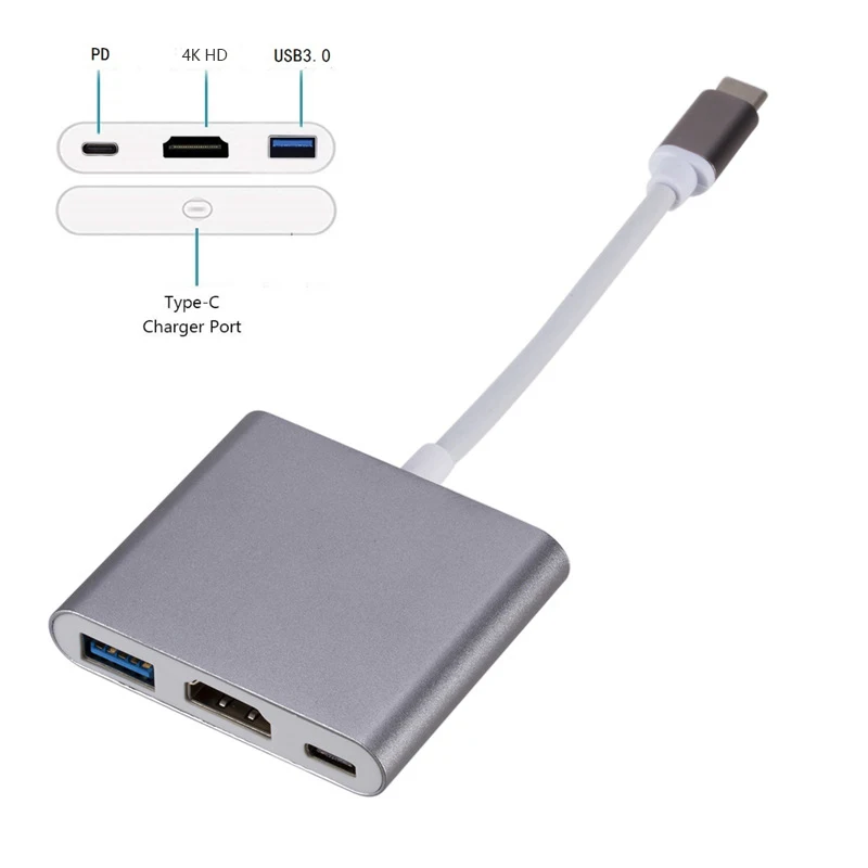 Digite C para USB 3.0 HDTV, Adaptador de carregamento, Hub Thunderbolt3, 60W PD, Macbook Air Pro, Huawei Mate10, Samsung S8 Plus, 3in 1