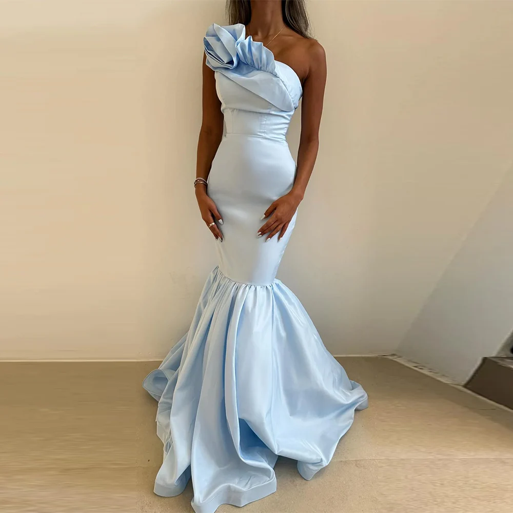 

Light Blue Sexy Evening Dresses 2025 Satin Mermaid/Trumpet Celebrity Dress One-shoulder Ruffles Ruched Modern Party Gown Long