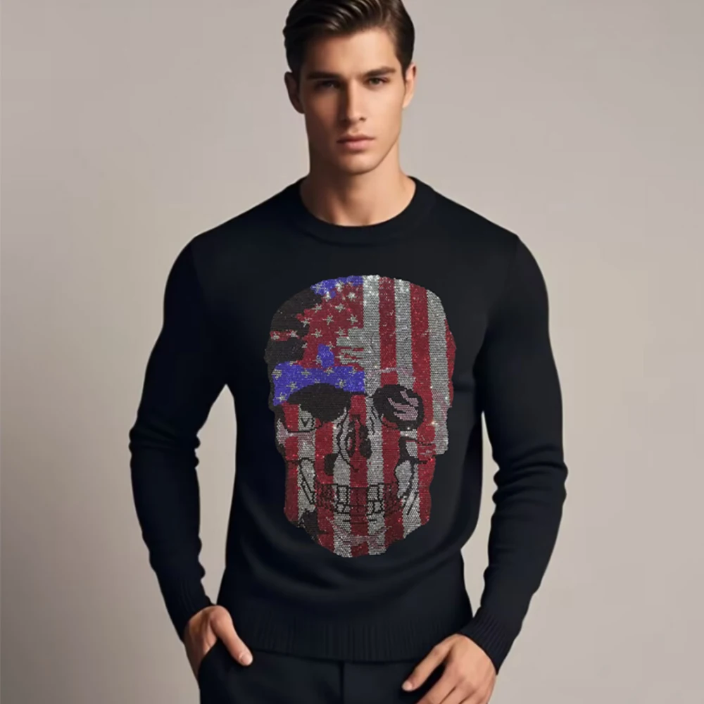 

Men's Rhinestone Skull Sweater Winter New Release Stylish Fashion Crew Neck Long Sleeve Street Fashion Casual Pullover Clothing