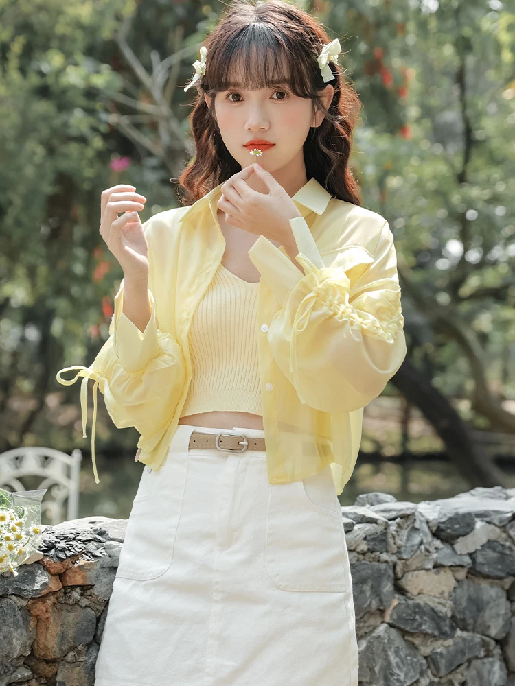 Thin Yellow Sun Protection Shirts Outerwear Women Summer 2024 Design Sense Cardigan Outdoor Bolero with Suspender Skirt