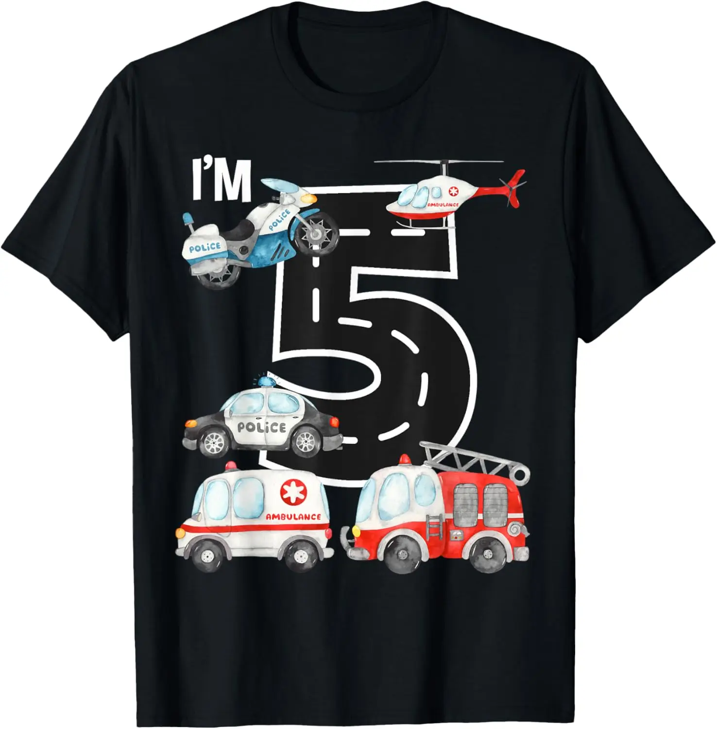 Emergency Vehicles 5th Birthday Fire Truck Police Car Boys T-Shirt