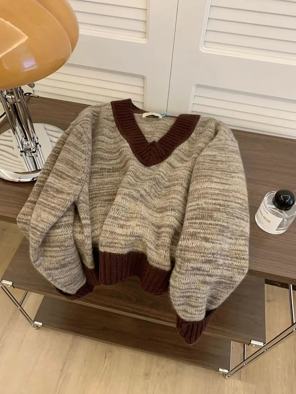 

Maillard coffee v-neck pullover sweater for women autumn and winter outer wear short winter thickened inner sweater y2k tops emo