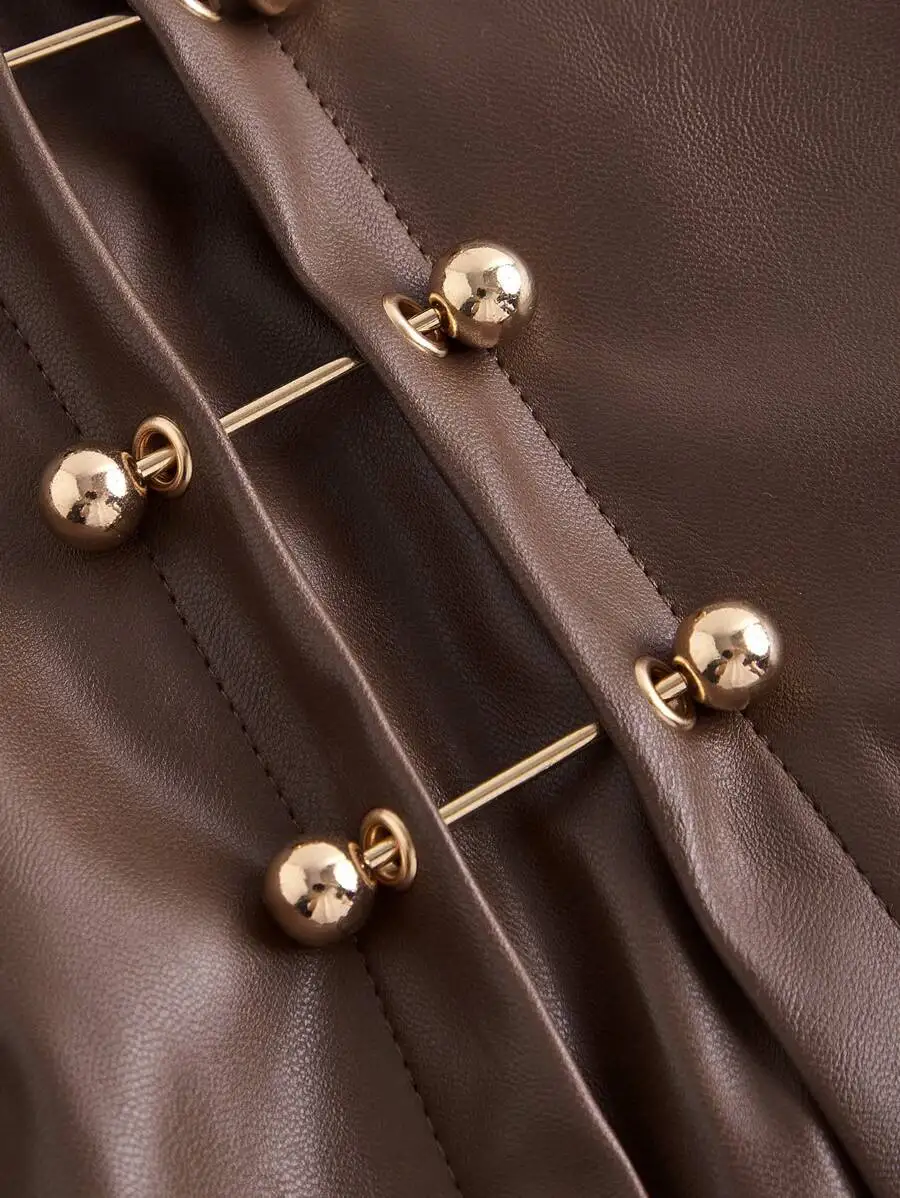 Brown Faux Leather A-Line Mini Skirt With Side Slit And Polished Metal Ball Fasteners, Vintage-Inspired Evening Wear