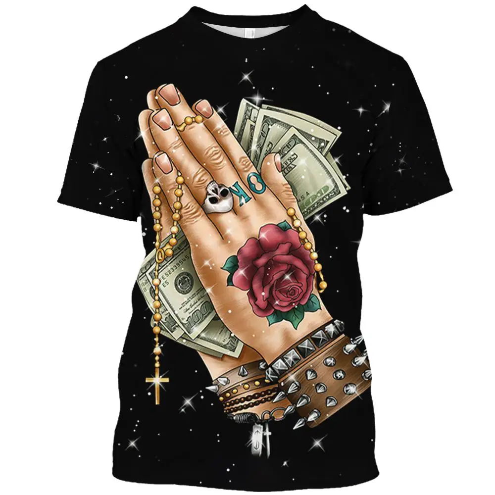 Summer Pray Hand 3D Print T-Shirts Streetwear Men Fashion Harajuku Casual Oversized O-Neck T Shirt Tees Tops Clothing