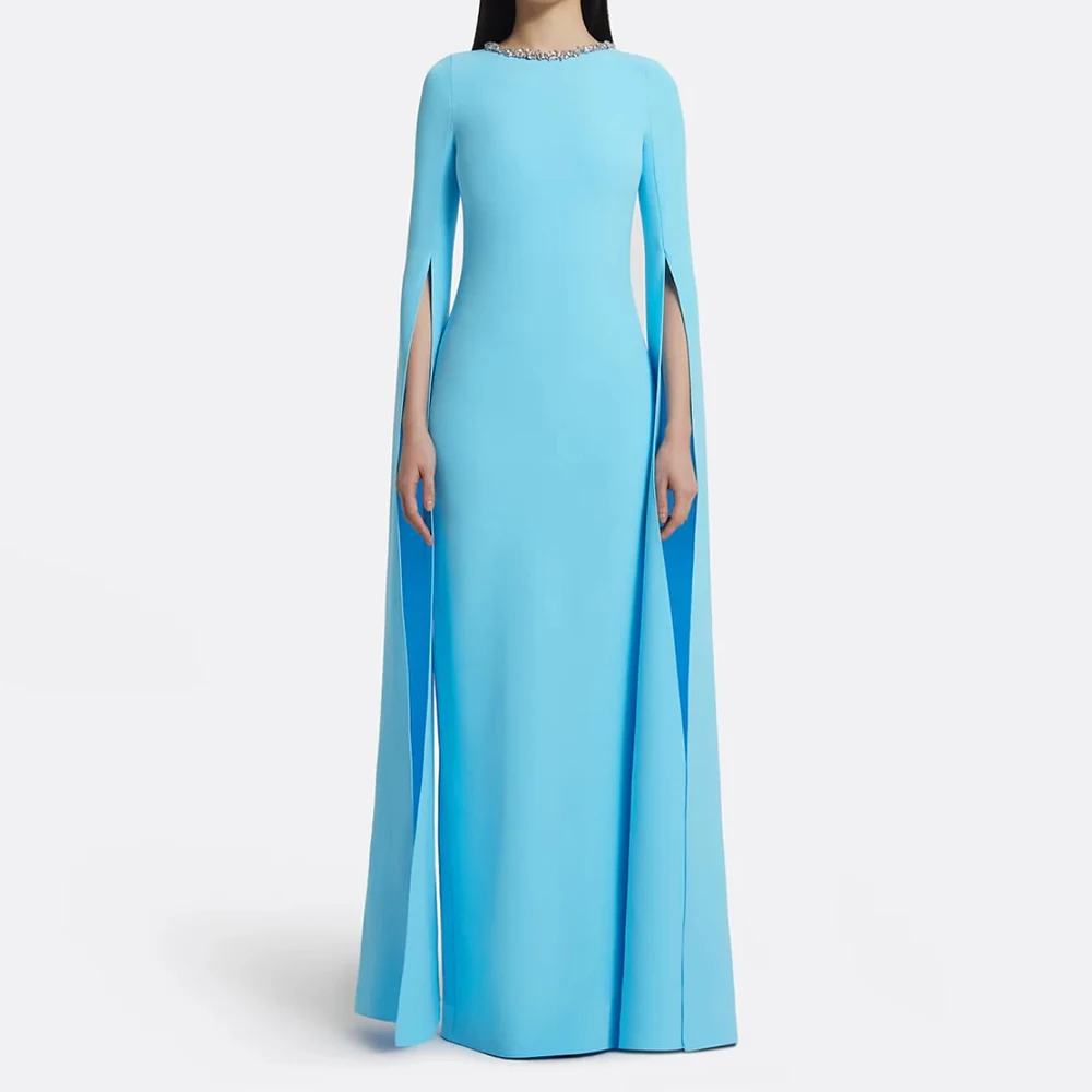 

Customized Straight Evening Dresses Floor-length O-neck Full Sleeve Prom Gown Simple Fashion Crystal Casual Party Gown