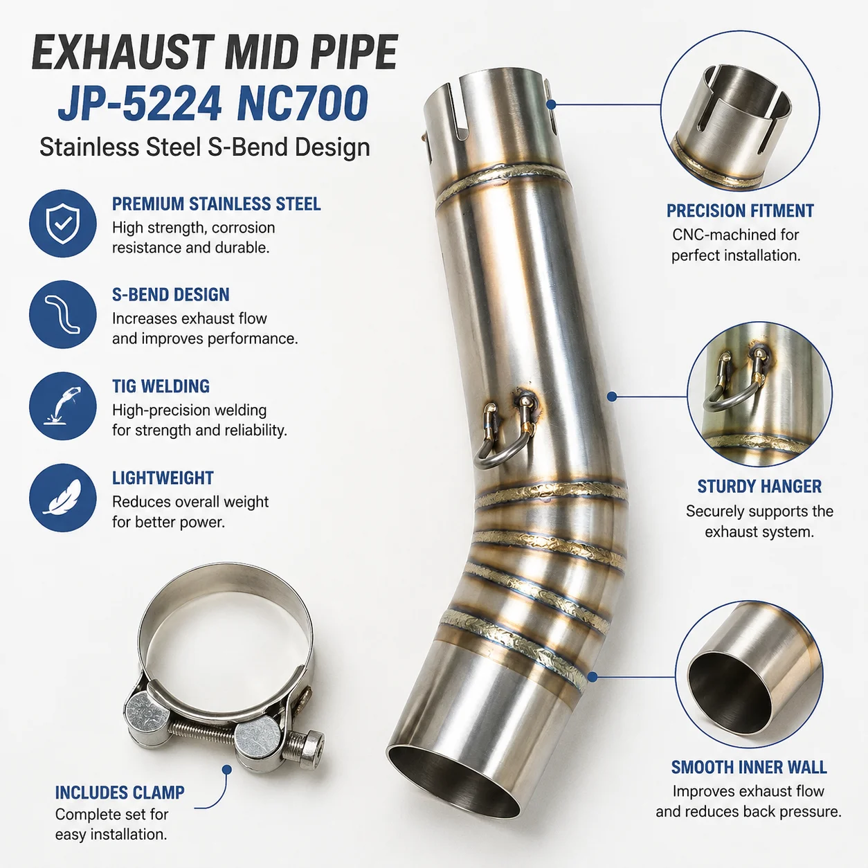 Stainless Steel Exhaust Mid Pipe Fit Honda NC700 CBR300 CBR500 CB500X 2012-2015 Burnt Ti Weld Connect Tube With Clamp