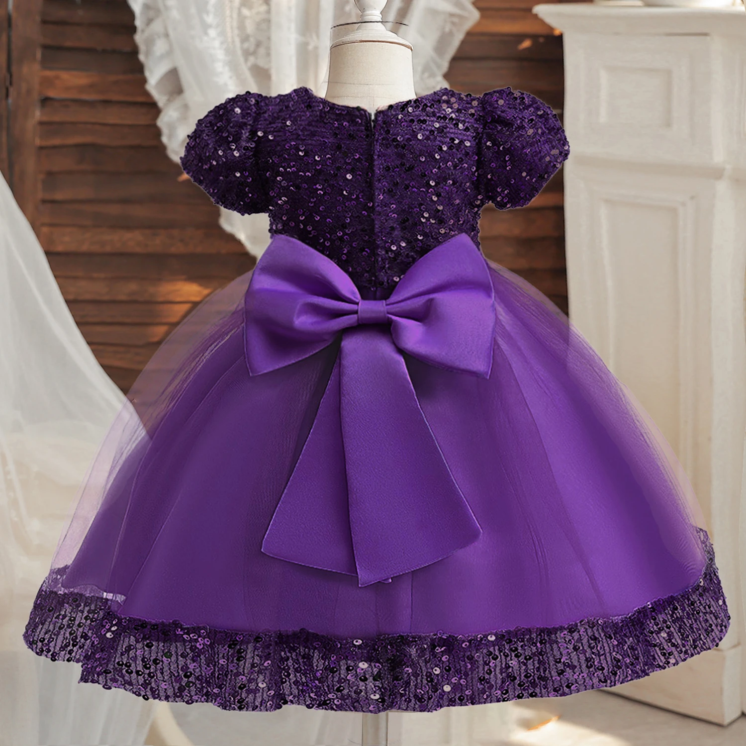 Girl Vintage Wedding Party Dress Elegant Kids Sequin Bow Birthday Princess Clothes Children Evening Gown Graduation Vestidos