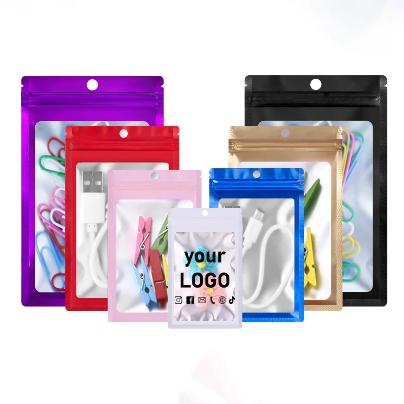 100 kolorowych torebek ziplock z folii aluminiowej do przechowywania biżuterii, matowe torby, szczelne torby do pakowania prezentów, nadrukowane logo