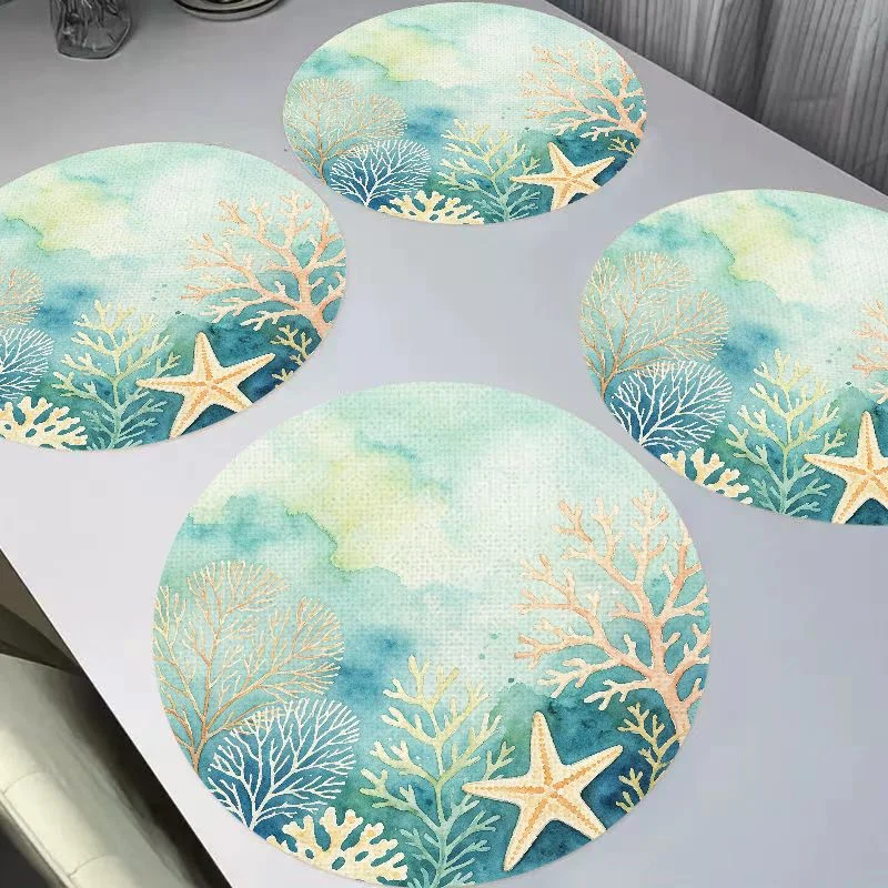 VIKAMA Fresh Watercolor Ocean Coral Sea Star Round Linen Table Mat Thermal Insulation Wear resistant Table Mat Desktop Decor