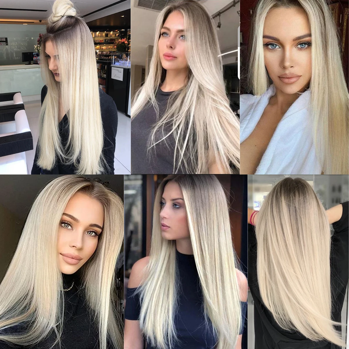 Long Straight Ombre Blonde 3T White Synthetic Lace Front Wigs Dark Roots Blonde Synthetic Lace Wig 24\