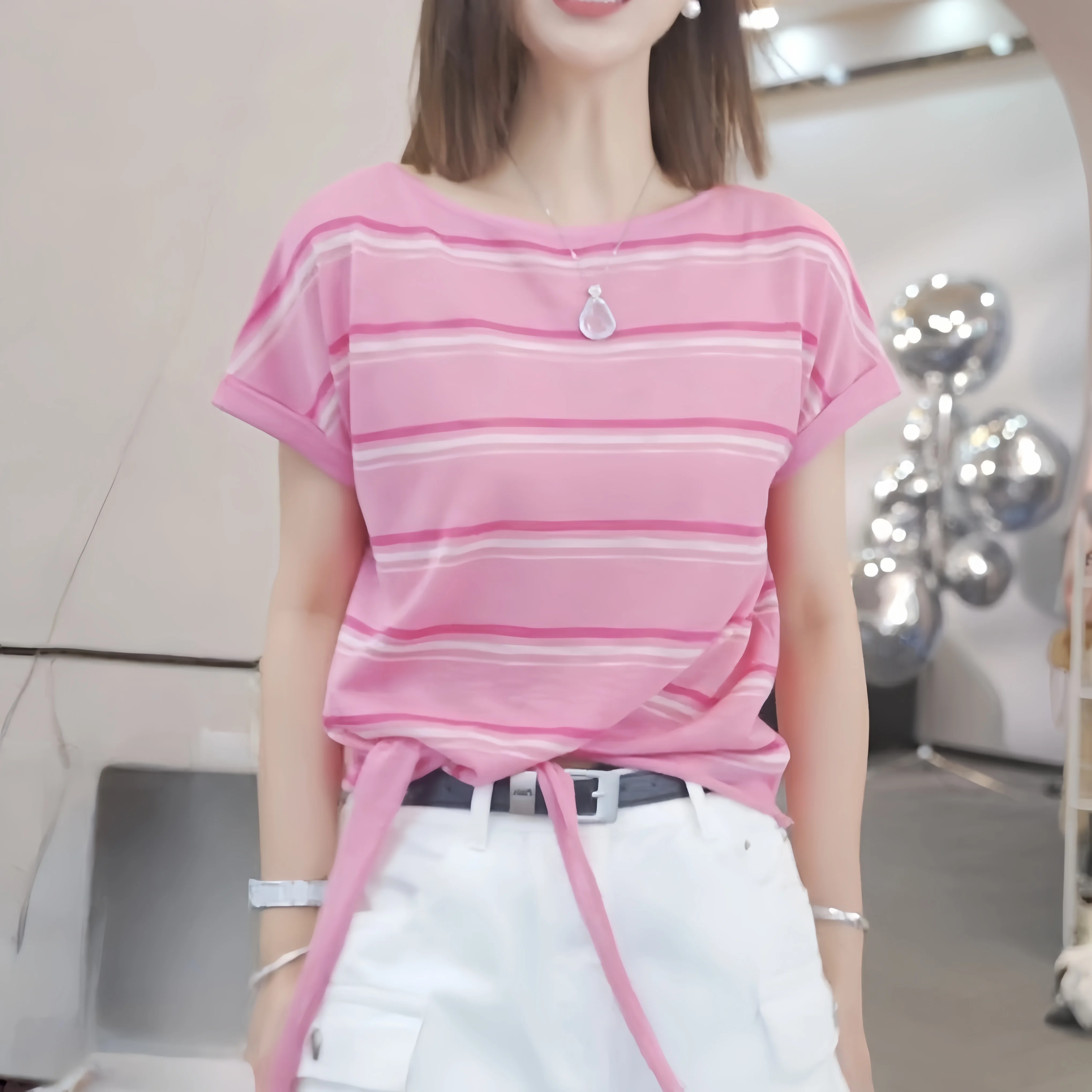 Casual Stripe Short Sleeve T-Shirt Women Summer Loose Tie Design Lightweight Top Fashionable Breathable round Neck Tee