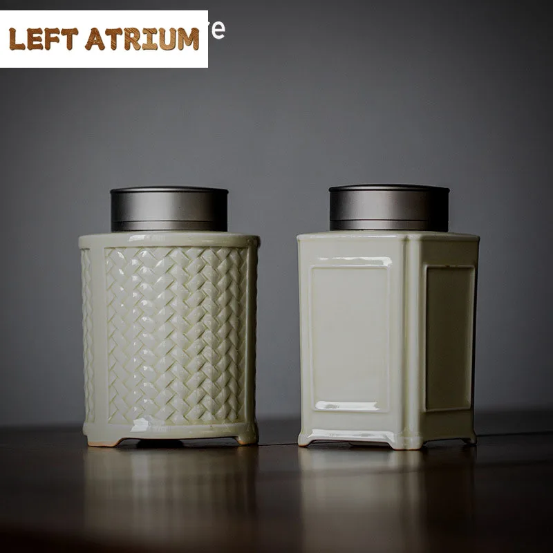 

Honey Glaze Embossed Tea Pot Ceramic Tea Warehouse Household Pu'er Tea Moisture-proof Storage Pot Double Tin Cover Sealed Jars