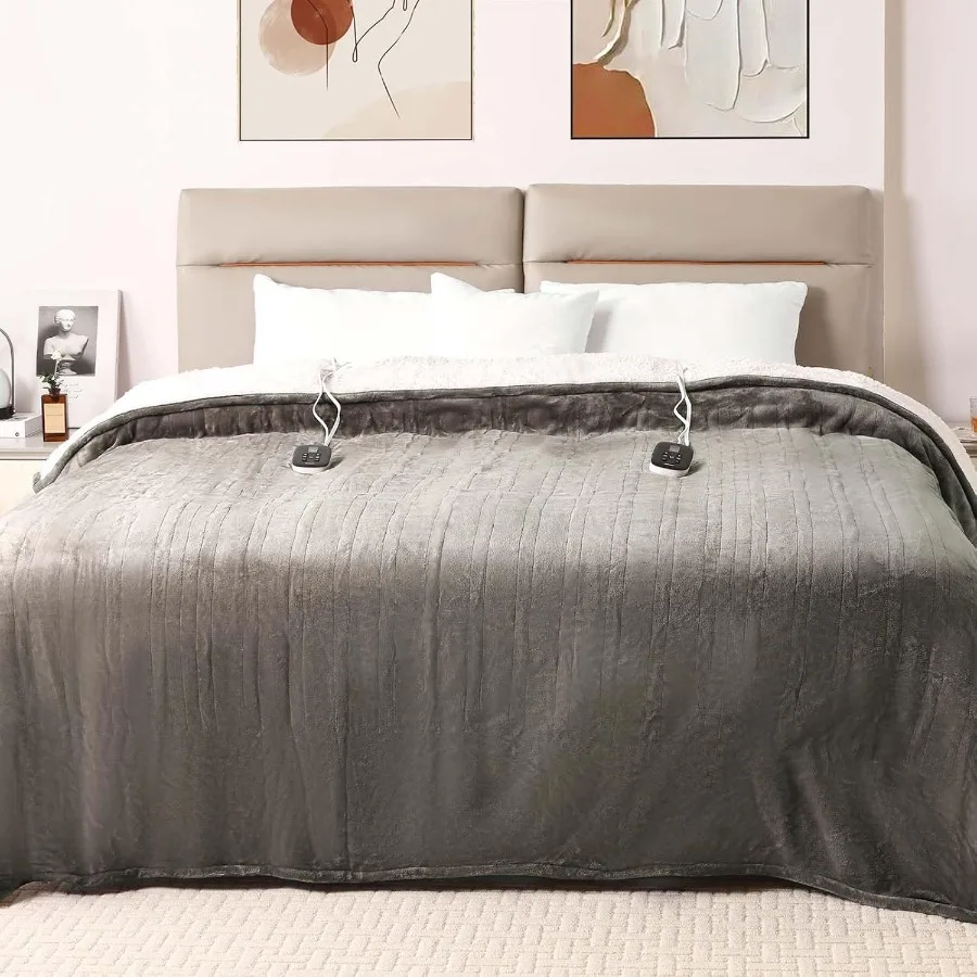

Electric Heated Blanket Heating Blanket Queen Size 84"x 90" Warm Throw Gift Dual Controllers Velvet and Sherpa 10 Levels and 0.