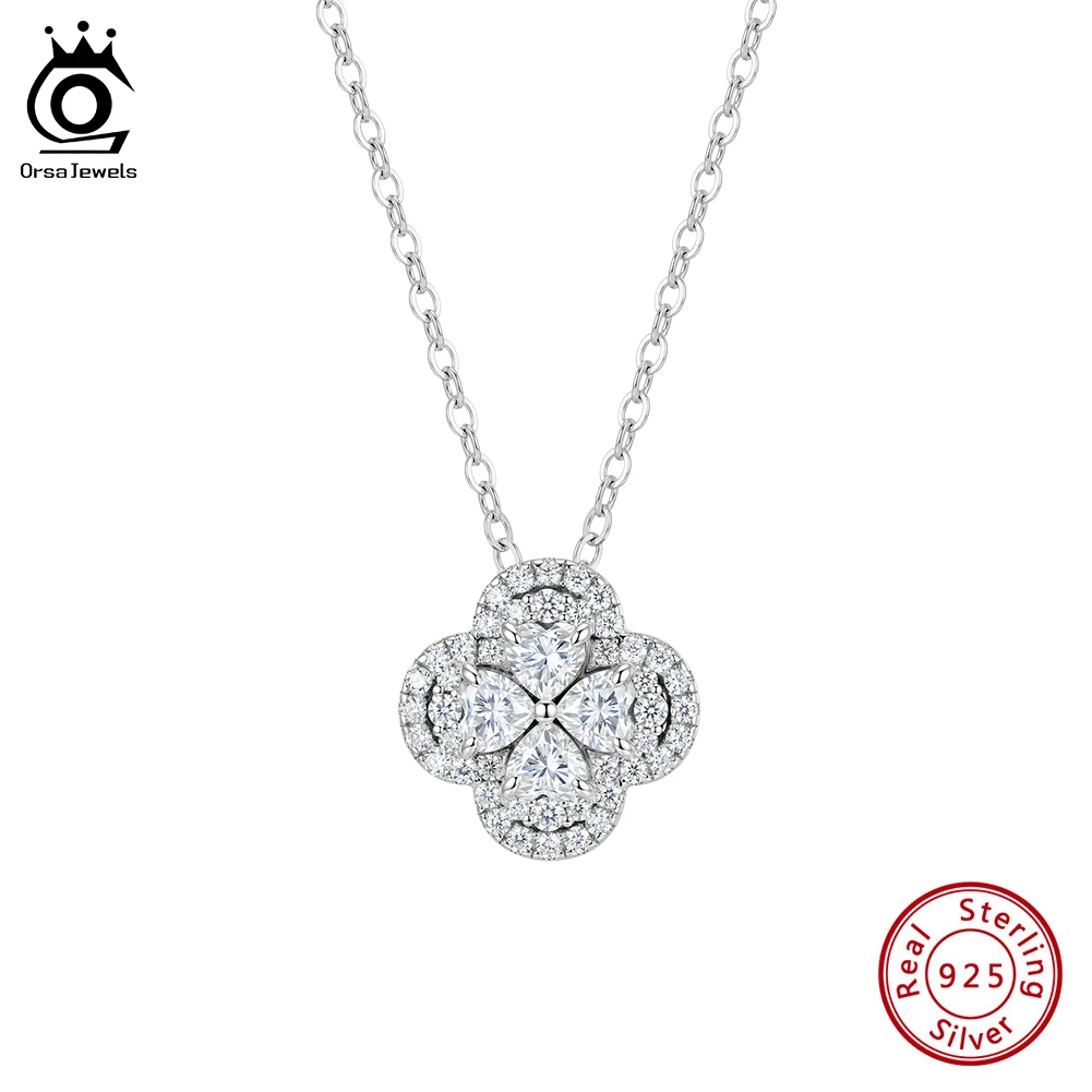 

ORSA JEWELS Exquisite 925 Sterling Silver D Color Moissanite Pendant Necklace for Women Four-leaf Clover Wedding Jewelry MON17