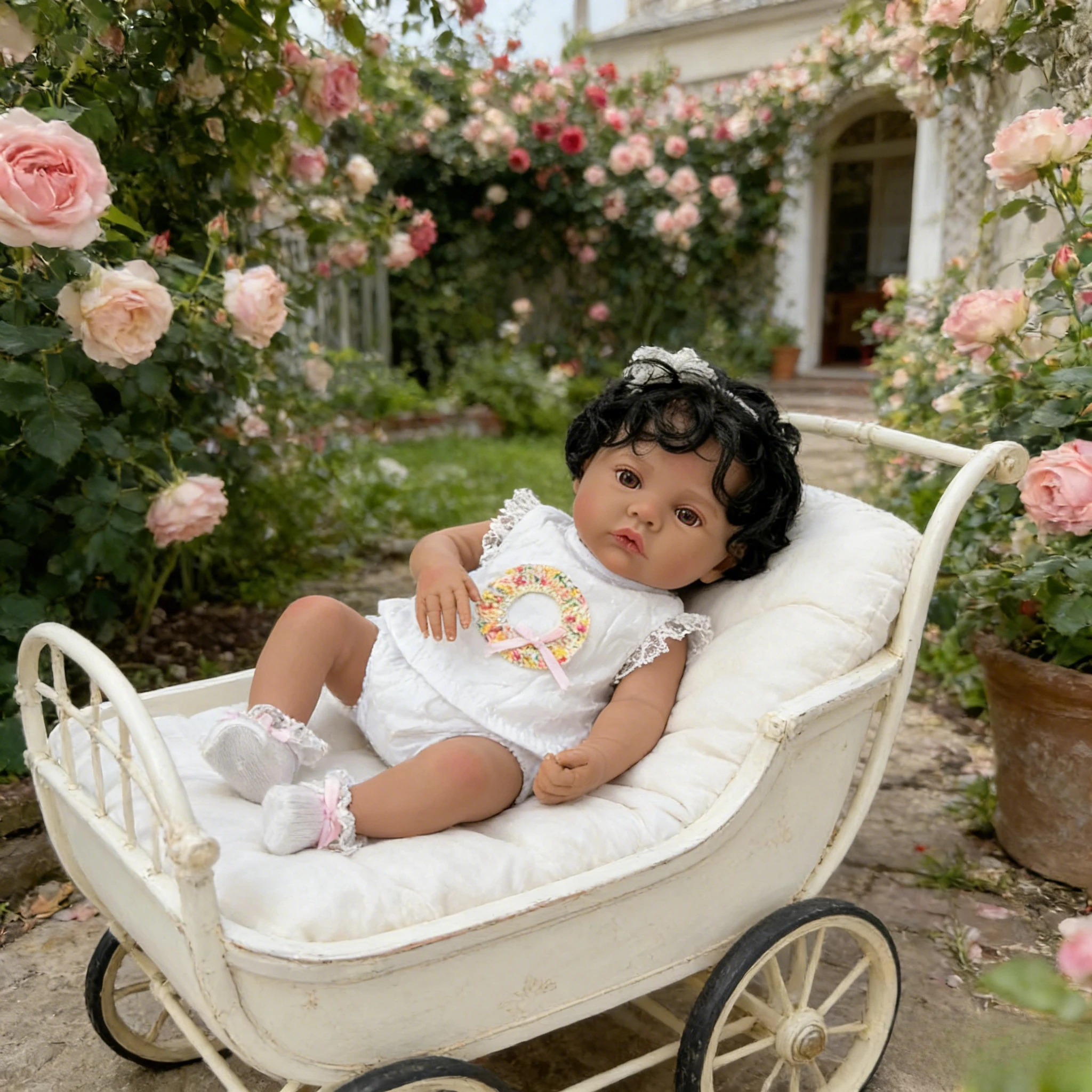 Cute Dark Skin Meadow Girl Doll 48CM Full Body Vinyl Hand Rooted Curly Hair Reborn Style Doll