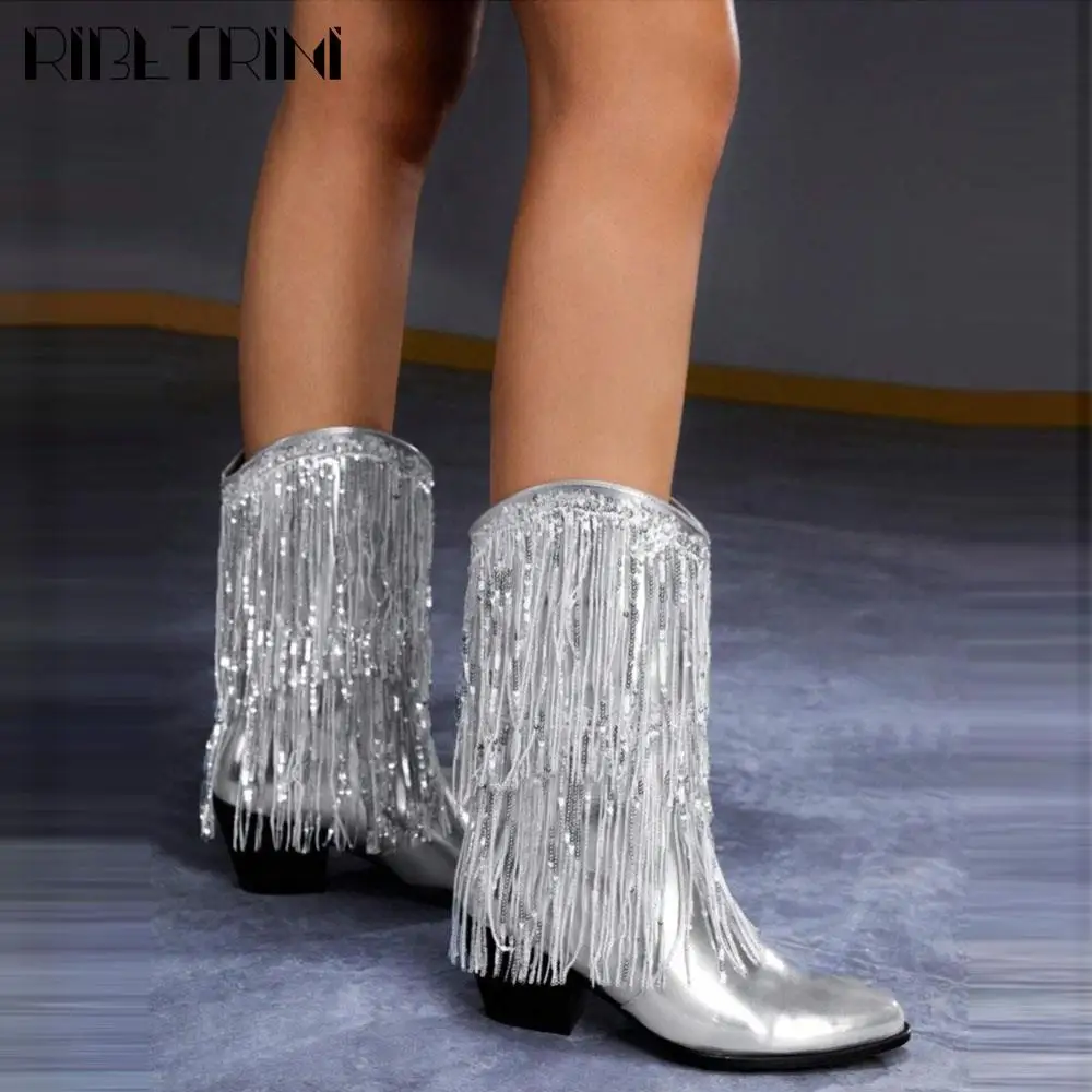 

Sexy Bling Women Chelsea Boots Chunky High Heeled Sequein Fringe Mid Calf Platform Shoes Woman Elegant Nightclub Party Boots