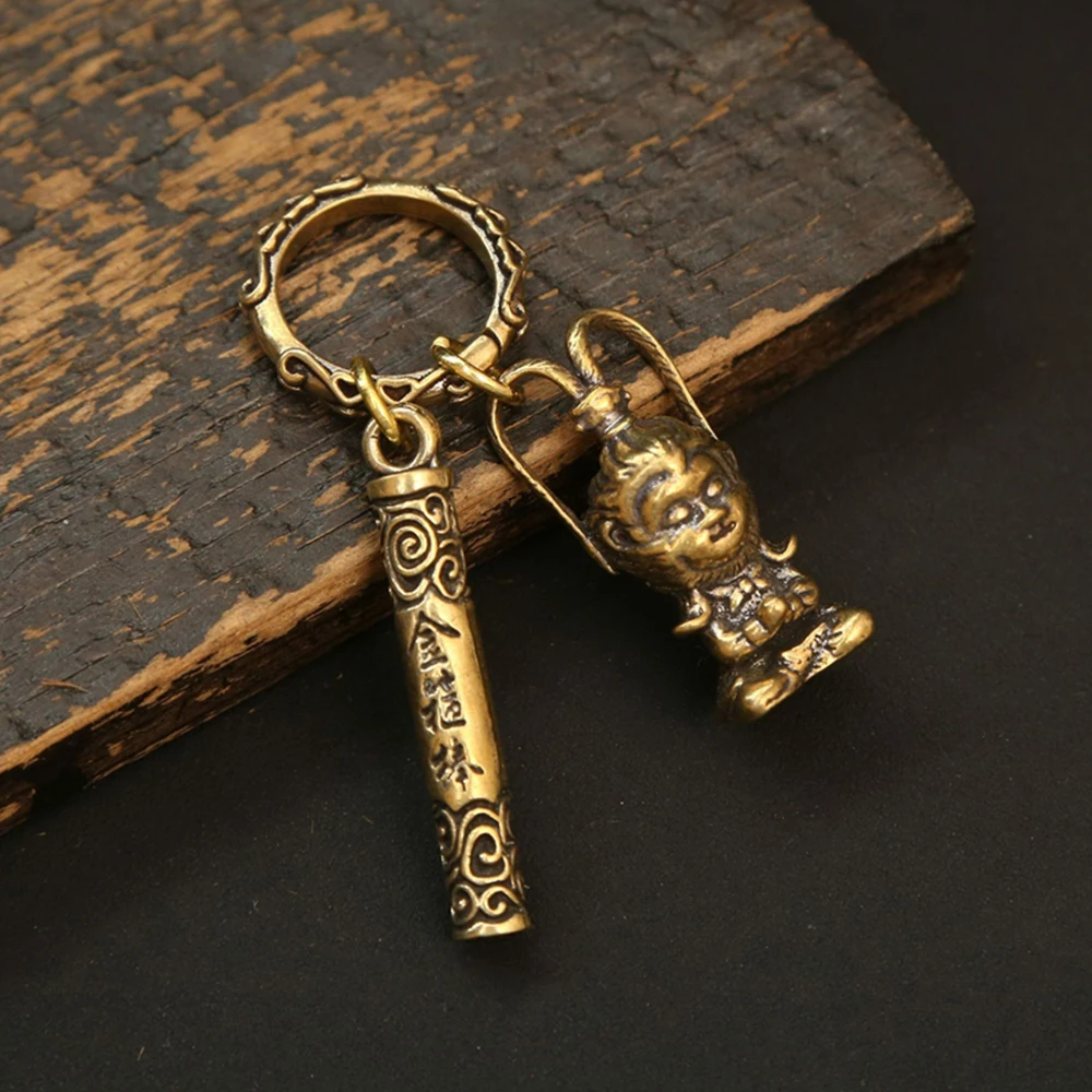 

Monkey King Keychain Brass Chinese Lucky Amulet Car Keys Pendant Handmade Braided Rope Vintage Jewelry Gift for Men Women