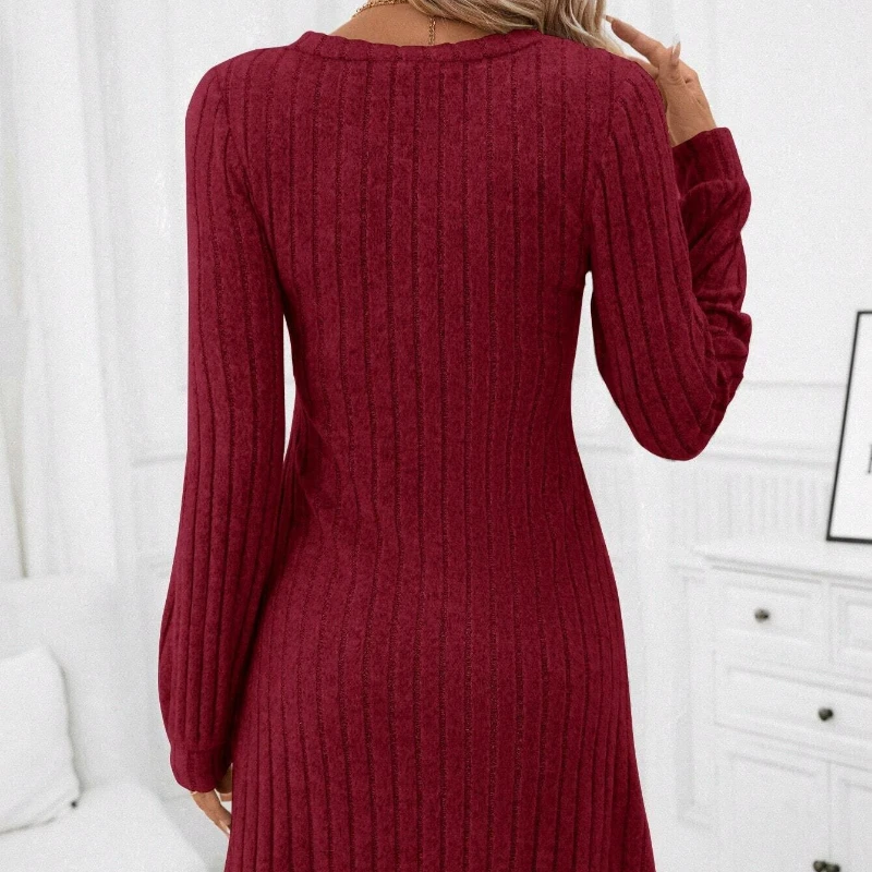 2024 Autumn/winter V-neck Brushed Pit Stripe Long Sleeved Dress Top for Women Sweater Dress Sueter Mujer Свитер Женский