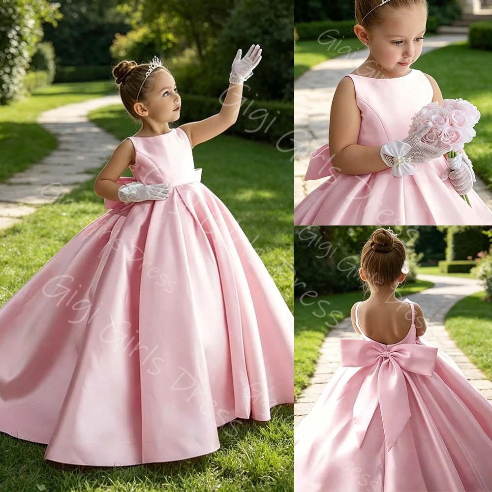 

Elegant Satin Wedding Party Dress for Flower Girls Spaghetti Straps First Communion Dress with Bow Customized Vestidos de Noiva