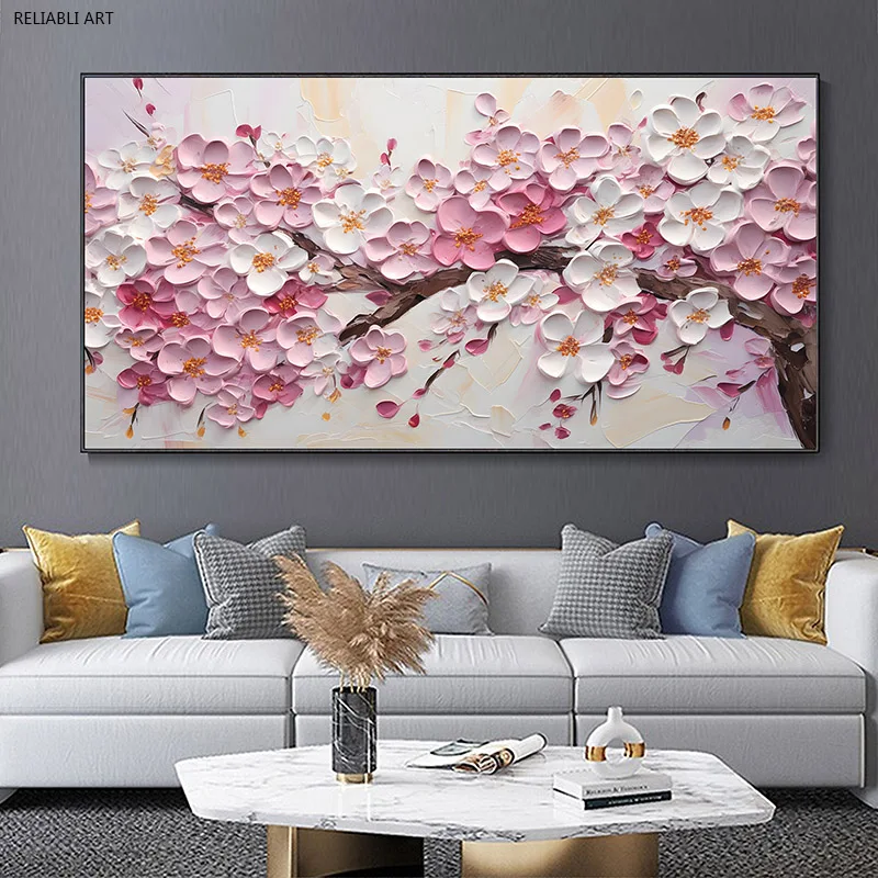 Cherry Blossom Branch Painting Poster Floral Impasto Abstract Tree Canvas Print Landscape Modern Wall Art Room Decor Cuadros