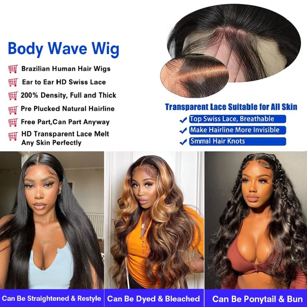 200% 밀도 바디 웨이브 HD 레이스 프론트 가발, 32 인치, 13x4 레이스 프론트 가발