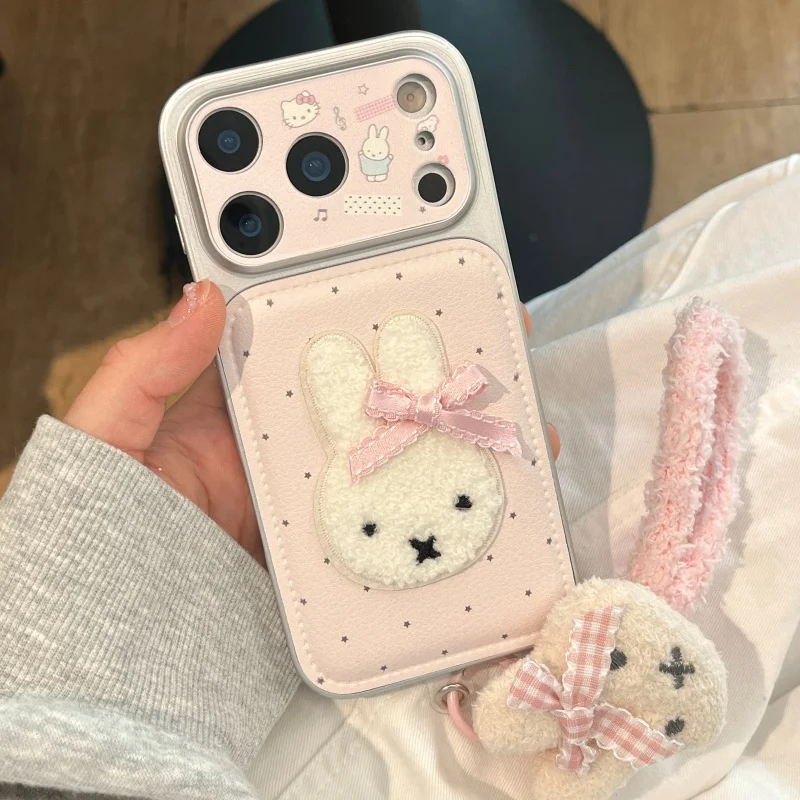 Luxuriöse Niedliche Cartoon-Stern-Miffy Flauschige Leder-Handyhülle für iPhone 16 17 14 13 15 Pro Max Lieblicher Schleifen-Miffy Pelziger Handschlaufe