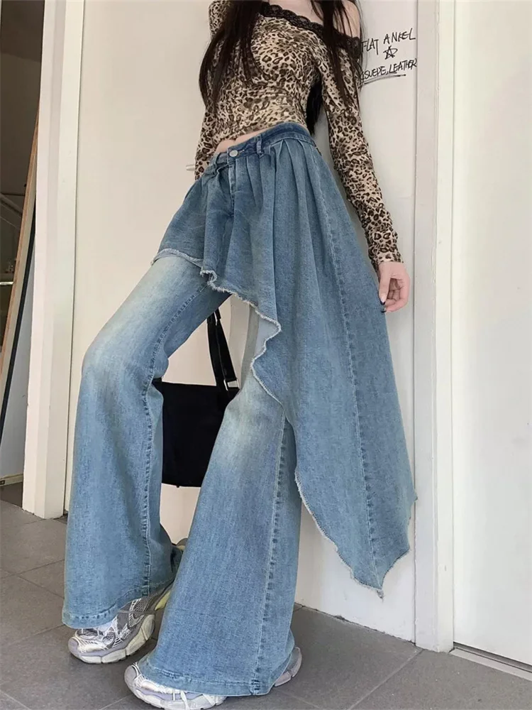 European American Vintage Washed Patchwork Fake Two Piece Jeans for Women 2025 Autumn New Sweetheart Designed Flare Pants