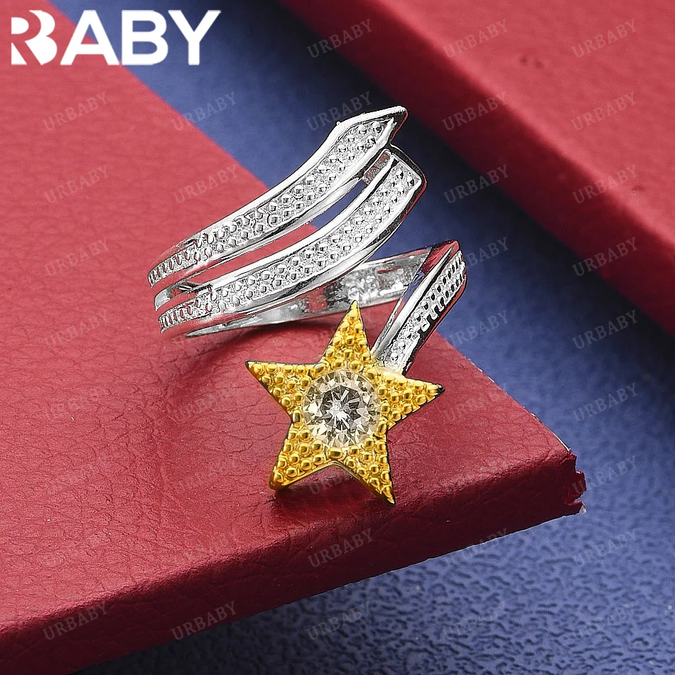 

URBABY 925 Sterling Silver Zircon Star Open Ring Fashion Jewelry Charm Grace Wedding Engagement Accessories