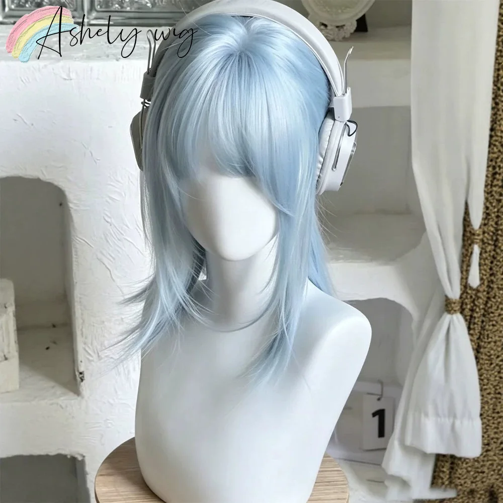 Ice Blue Wig for Women 14inch Short Wig with Bangs Y2k Hairstyle Synthetic Wigs Natural Headband Wigs Peruca Lolita for Daily