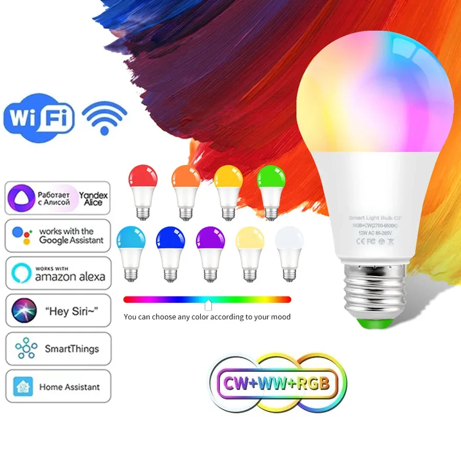 Lâmpada LED Inteligente WiFi E27 18W RGB com Controle por Voz e Dimerizável, Funciona com Google Assistant, Home, Alice e Alexa