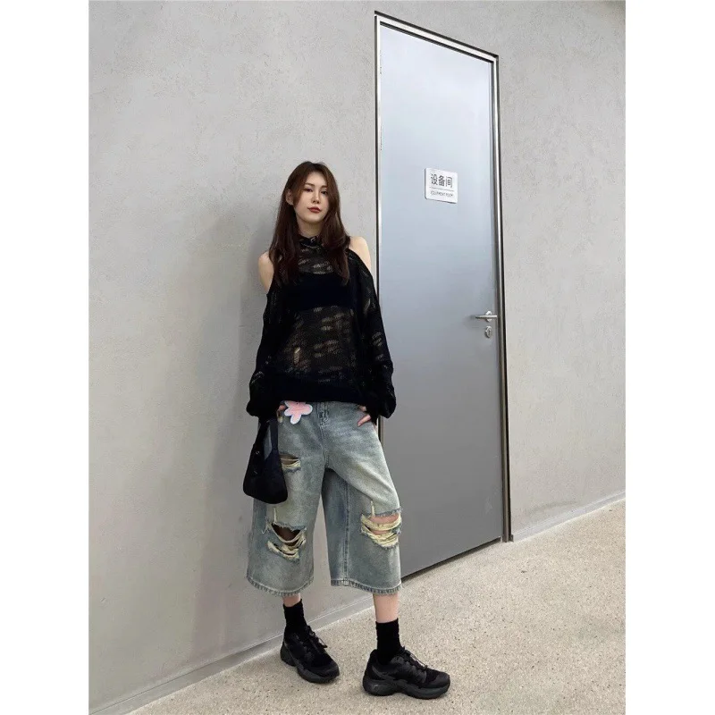 미국 스트릿 바이브 하이웨이스트 찢어진 와이드 레그 청바지 여성용 루즈핏 캐주얼 레트로 워싱 스트레이트 크롭 팬츠