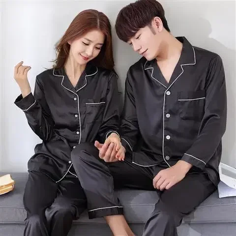 Silk Homewear Men Satin Women Pijama Set Two-piece Thin Couples Ice Plus Hombre Size New Pajamas Pijma