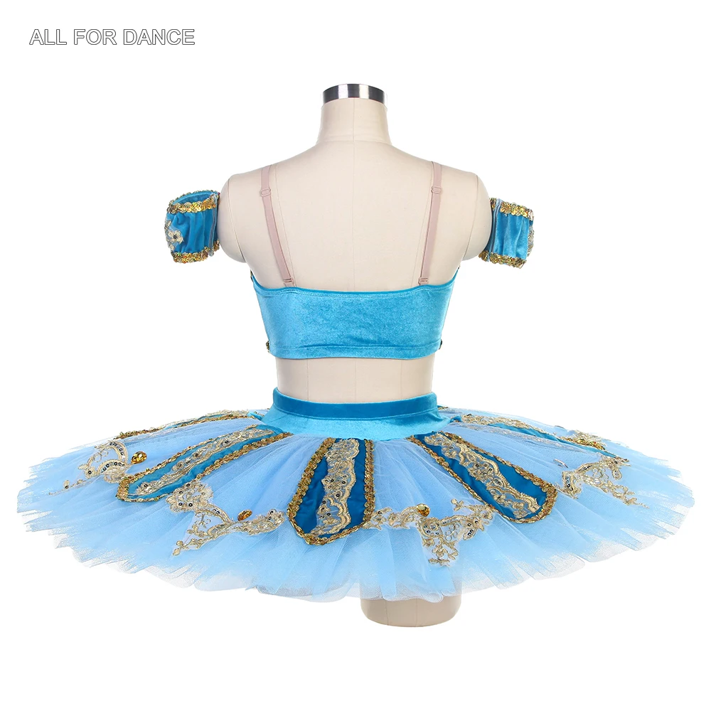 BLL479 Blue Velvet Bra Top with Seperated Pancake Tutu Skirt  Pre-Professional Ballet Dance Tutu Costume for Gilrs & Adult