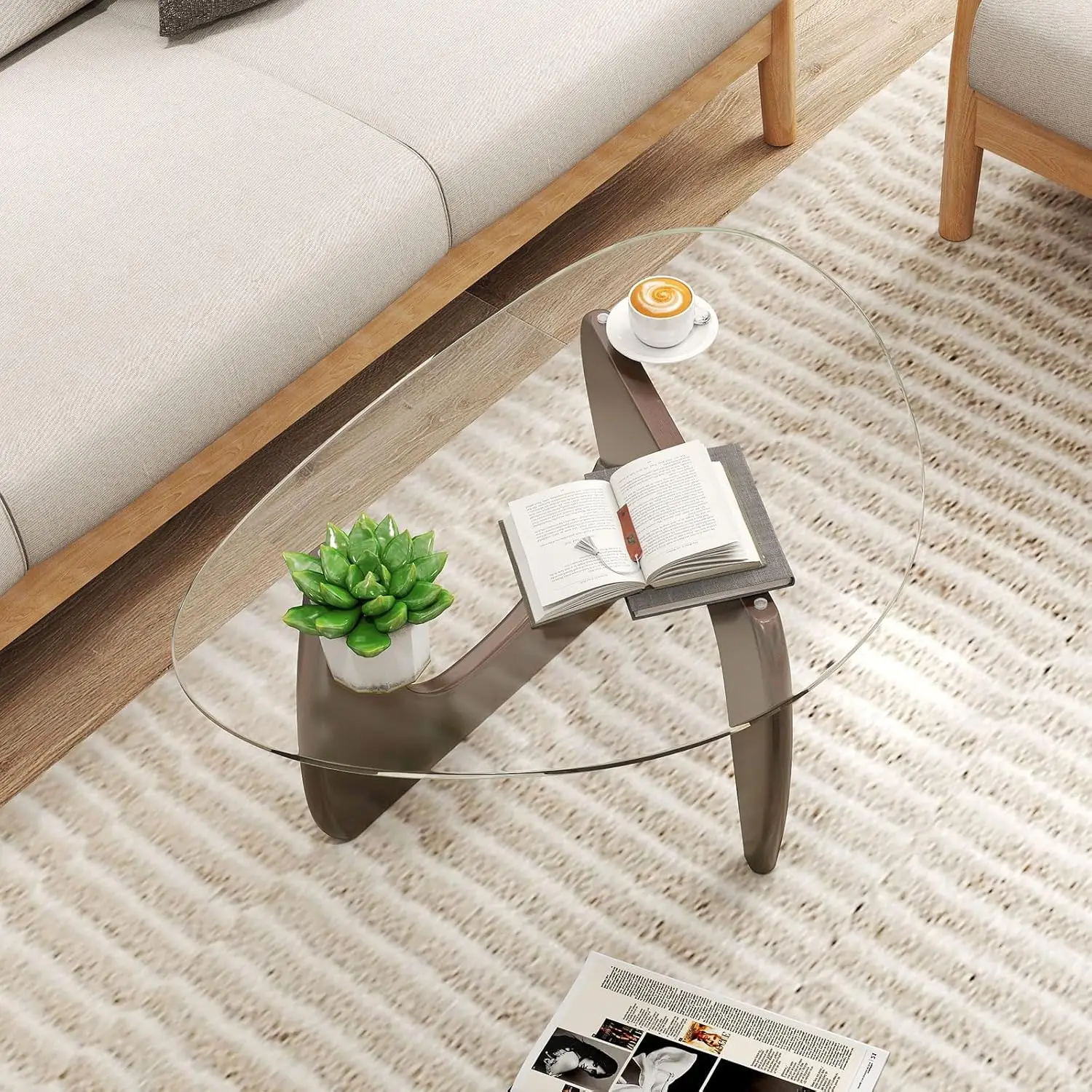 Mesa de Centro de Vidrio Triangular, Mesa de Centro Moderna de Mediados de Siglo con Tapa de Vidrio Templado y Base Ajustable de Madera de Caucho, Personalizable