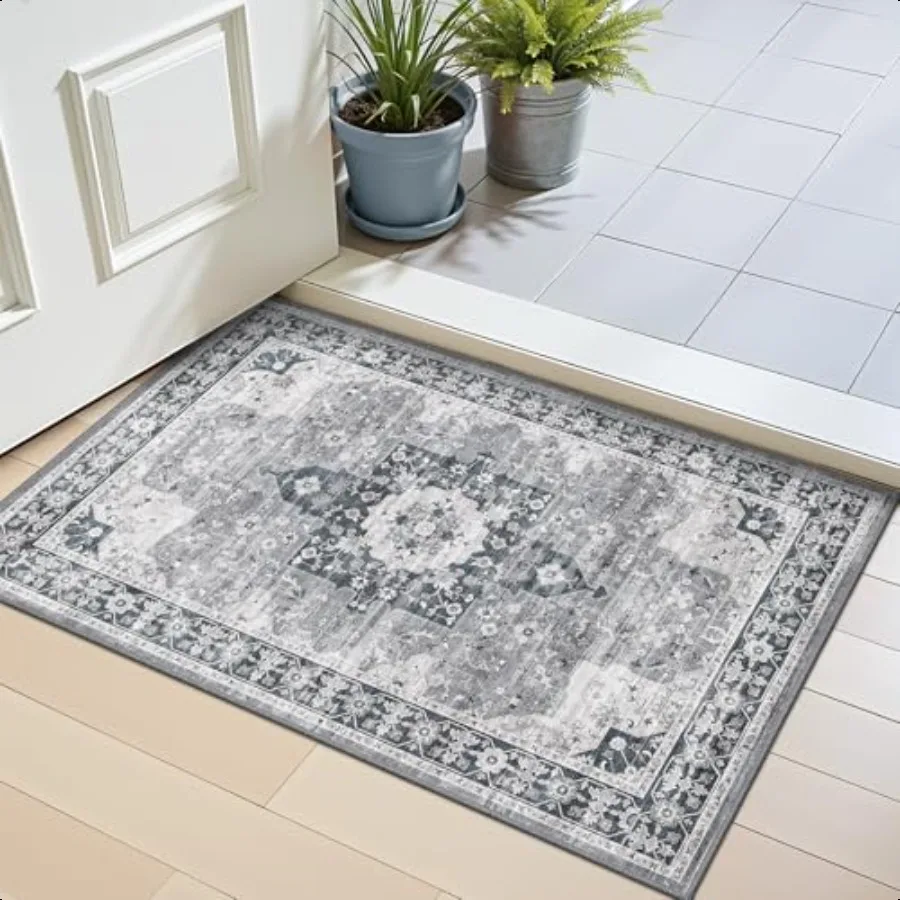 

Indoor Thin Door Mat 18x30 Washable Small Inside Doormat Non Slip Low Pile Oriental Floor Carpet Distred Area Rug for Front Do