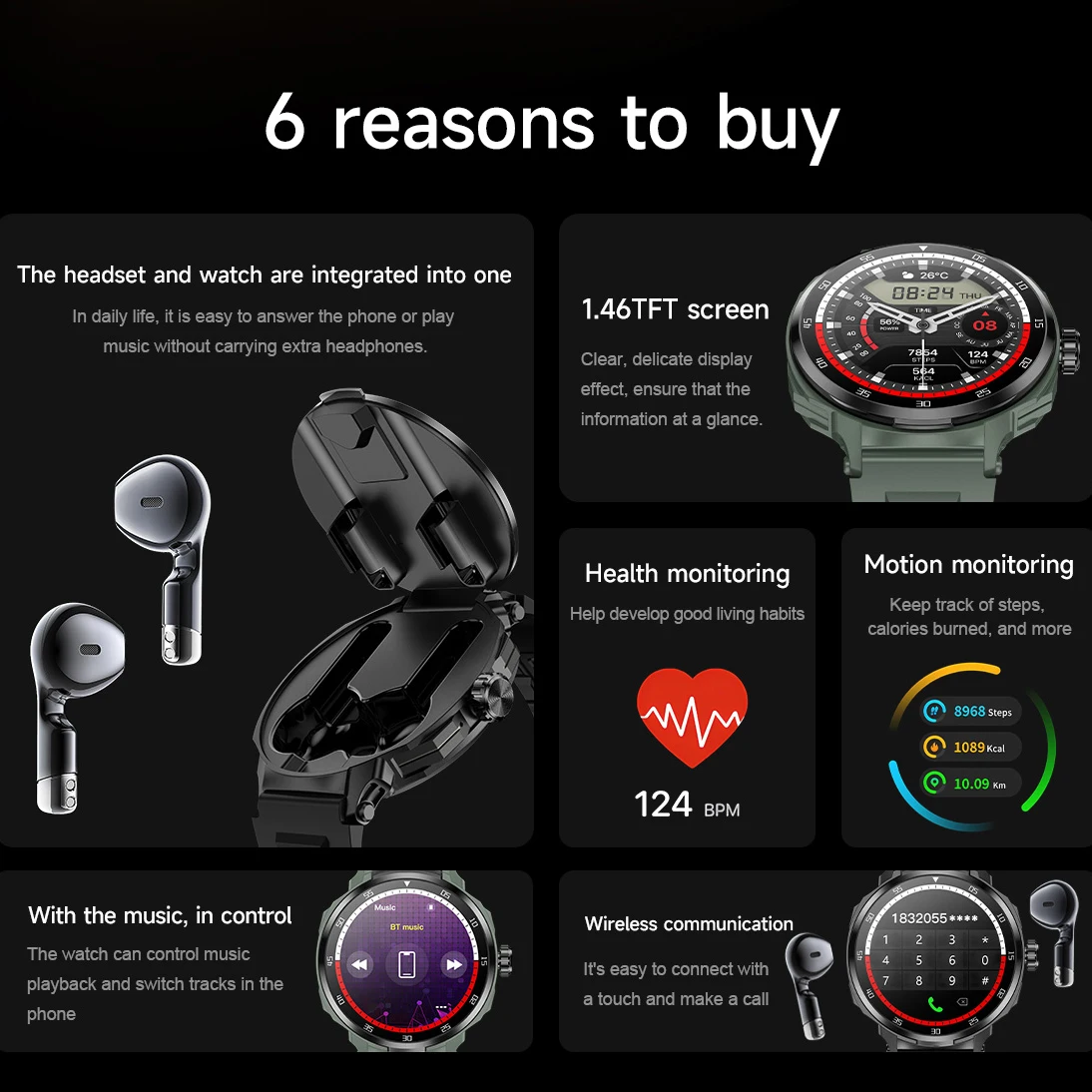 For HUAWEI New 2 in 1 Smartwatch With Earbuds Watch TWS Bluetooth Earphone Heart Rate Blood Pressure Monitor Sport Watch Fitness