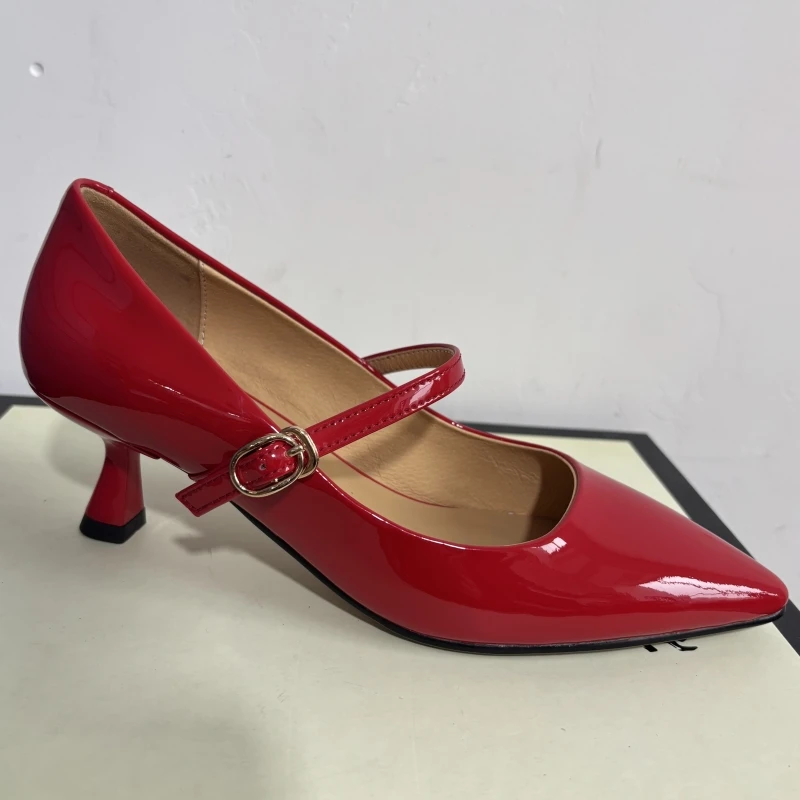 Short Heels Mary Janes Shoes Women Pumps Genuine Leather Point Toe Black Nude Red Heeled Office Wedding Shoes Female Large Size