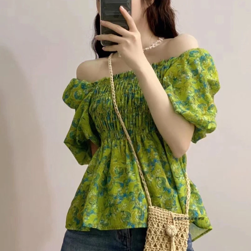 الأزهار مطوي الشباب كل مباراة مزاجه بلوزة الصيف جديد قصير الأكمام طباعة قميص أنيق بلايز موضة خمر ملابس حريمي #4