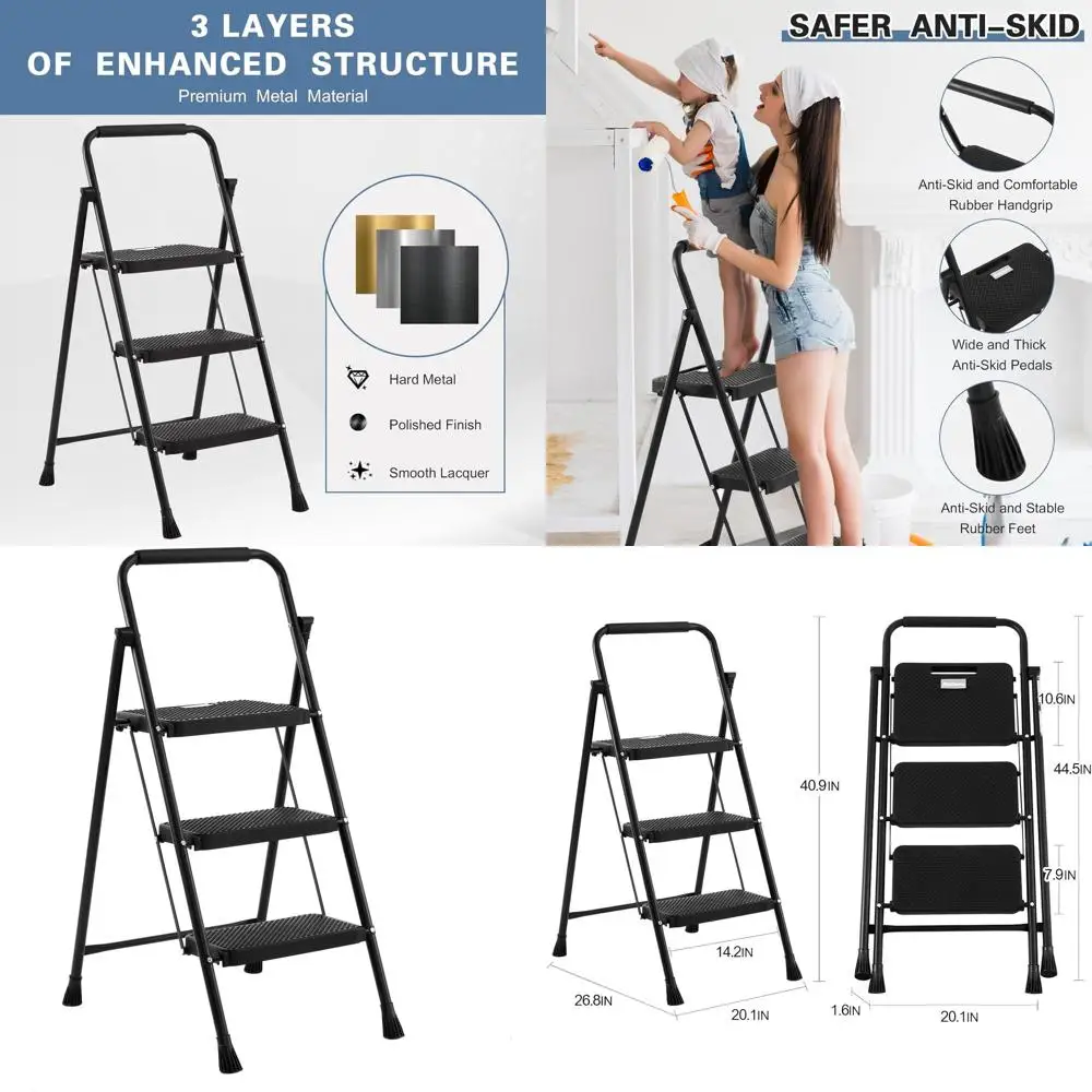 

oldable 3 Step Stool Ladder, 300 Lb Weight Limit olding 3 Stepping Ladder or Kitchen, with Wide Anti-Slip Pedal, Sturdy Steel La