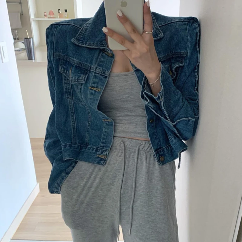 Retro risvolto ort waed blu denim Jaet polsino allentato design chic primavera tuta sportiva da donna cotone colore puro pendolari Sle