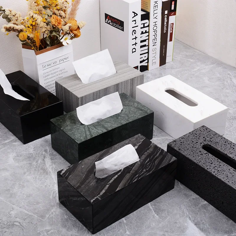 Nordic Living Room Restaurant Hotel Clubhouse Bathroom Light Luxury Drawn Paper Box Natural Marble Square Stone Tissue Box