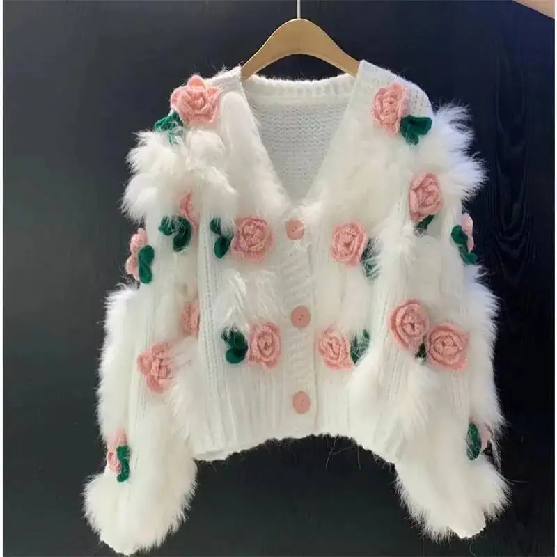 

Women's New Sweet 3D Hook Flower Sweater 2025 Autumn Female Loose Splicing Hairy Rose Blossoms Top