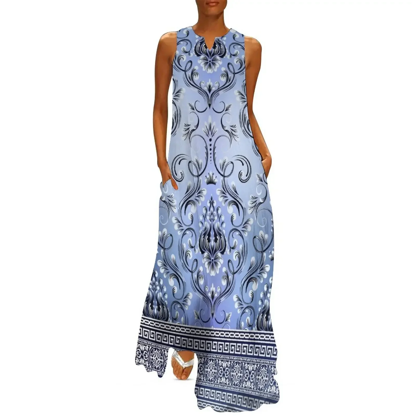 

Greek Key Ornate Floral Baroque Black Silver and blue Long Dress Women's skirt clothes Dress