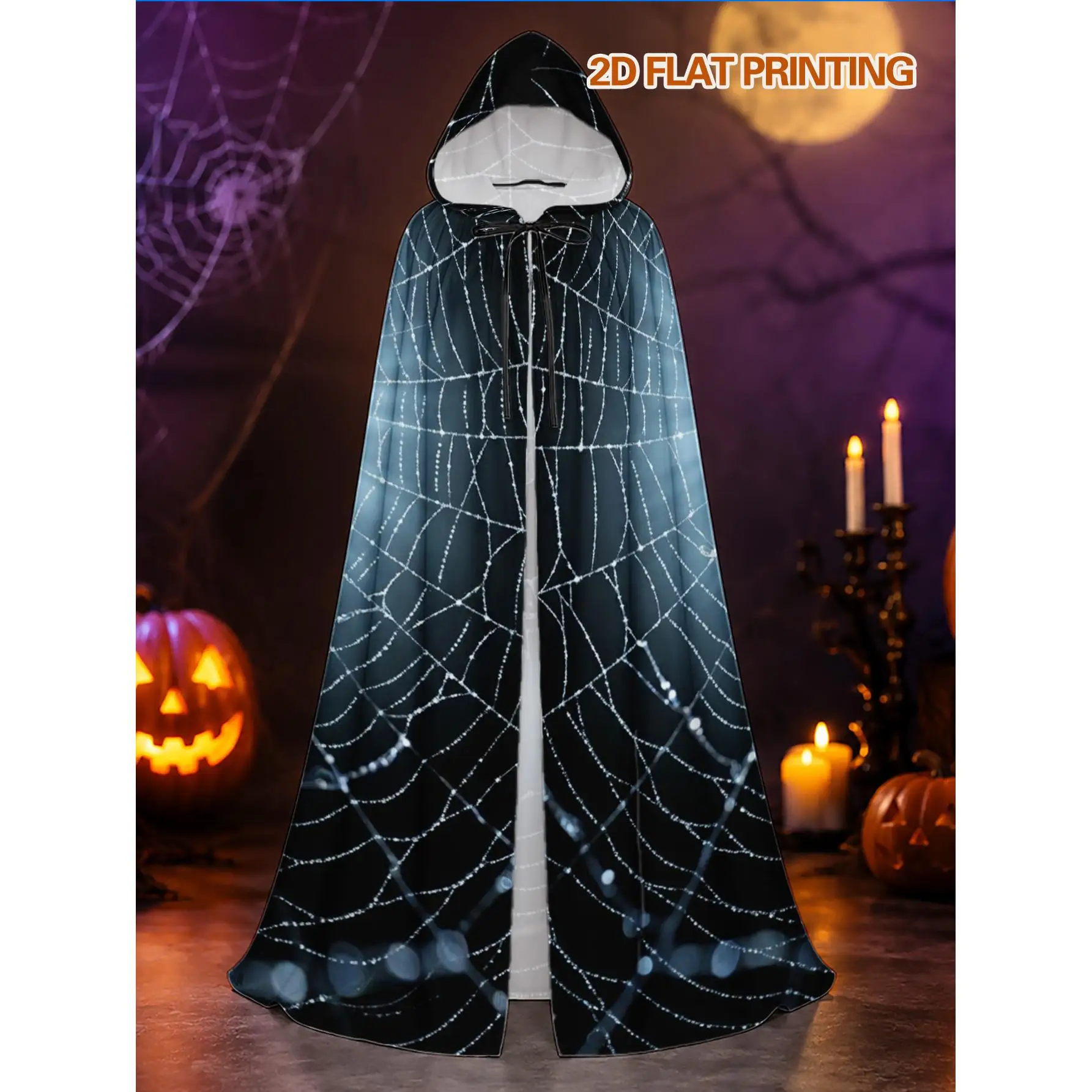 Gothic-Inspired Hooded Cloak with Spider Web Illumination Elements Adult Polyester Cape for Halloween Vampire Look