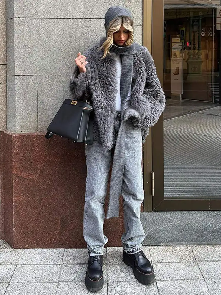 Grey Lapel Faux Fur Coat For Women Fashion Long Sleeves Thick Warm Cardigan 2024 Autumn Winter Chic Lady High Street Outerwear